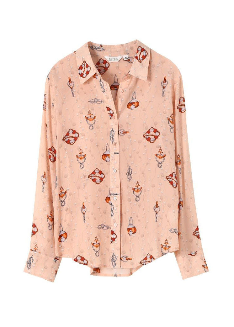 Boho Pink Peter Pan Collar Print Silk Blouses Spring LY0087 - fabuloryshop