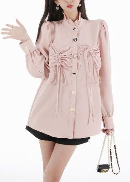 Boho Pink Ruffled Patchwork Wrinkled Chiffon Top Puff Sleeve LY0779 - fabuloryshop