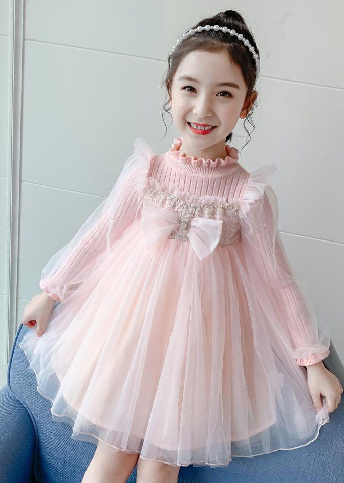 Boho Pink Stand Collar Bow Knit Patchwork Tulle Girls Vacation Maxi Dresses Fall Ada Fashion