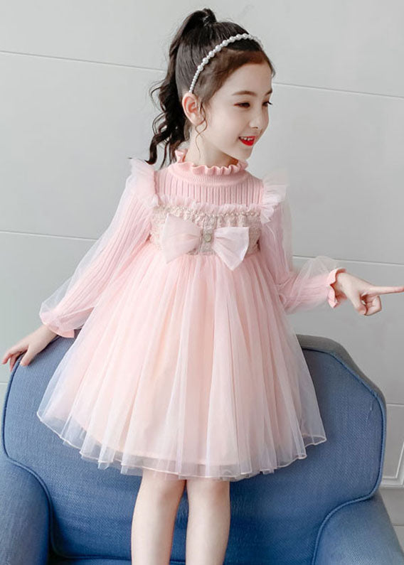 Boho Pink Stand Collar Bow Knit Patchwork Tulle Girls Vacation Maxi Dresses Fall Ada Fashion