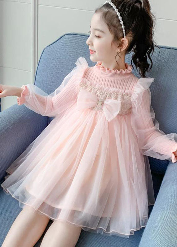 Boho Pink Stand Collar Bow Knit Patchwork Tulle Girls Vacation Maxi Dresses Fall Ada Fashion