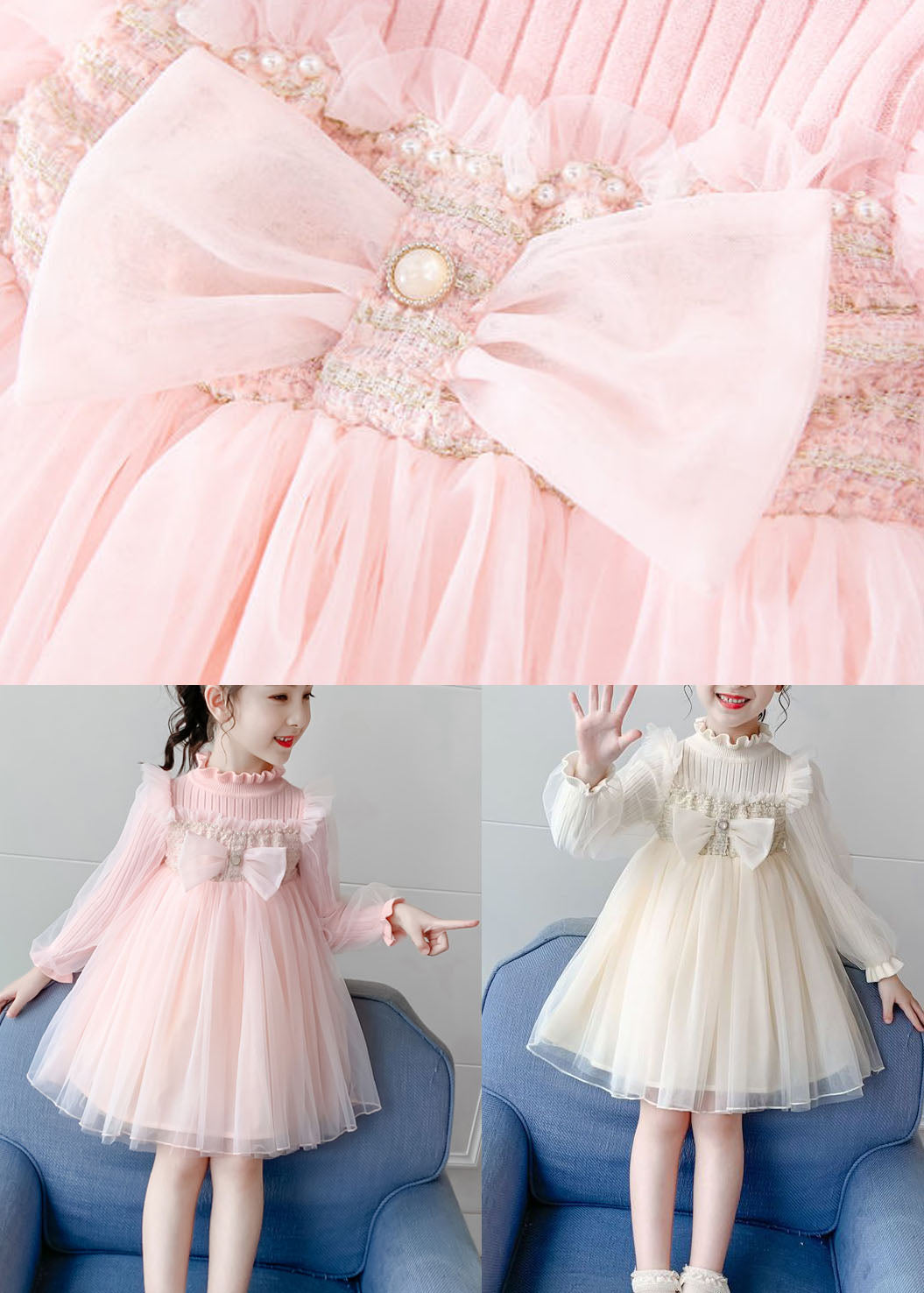 Boho Pink Stand Collar Bow Knit Patchwork Tulle Girls Vacation Maxi Dresses Fall Ada Fashion