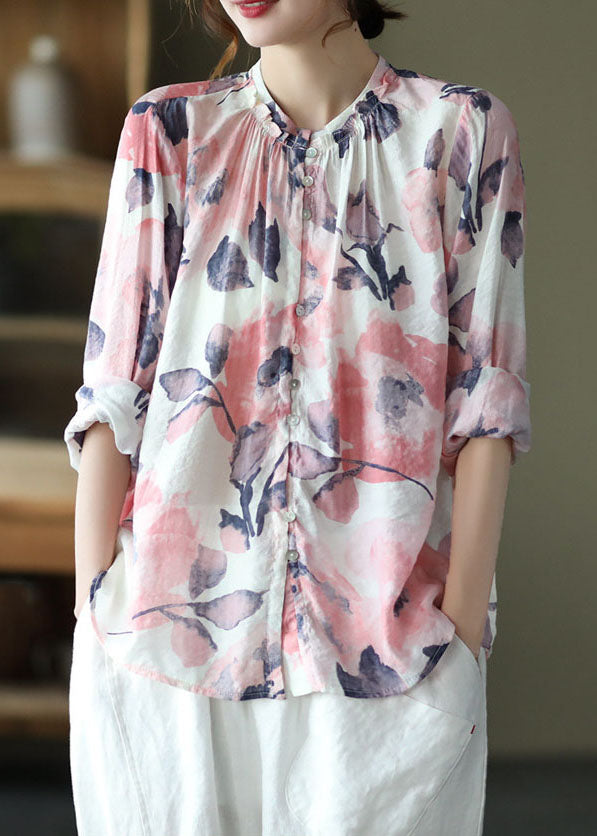Boho Pink Stand Collar Print Patchwork Cotton Shirt Tops Long Sleeve LY6168 - fabuloryshop