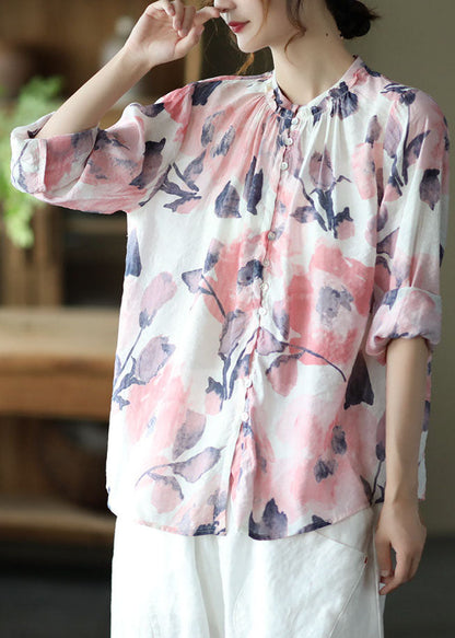 Boho Pink Stand Collar Print Patchwork Cotton Shirt Tops Long Sleeve LY6168 - fabuloryshop