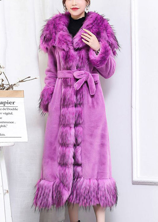 Boho Purple Fur Collar Patchwork Tie Waist Faux Fur Long Coat Winter Ada Fashion