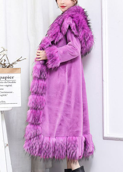 Boho Purple Fur Collar Patchwork Tie Waist Faux Fur Long Coat Winter Ada Fashion