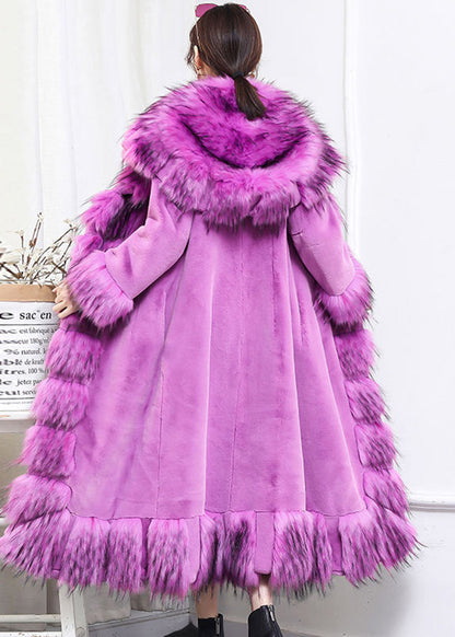 Boho Purple Fur Collar Patchwork Tie Waist Faux Fur Long Coat Winter Ada Fashion