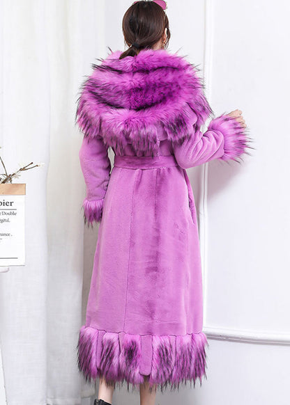 Boho Purple Fur Collar Patchwork Tie Waist Faux Fur Long Coat Winter Ada Fashion