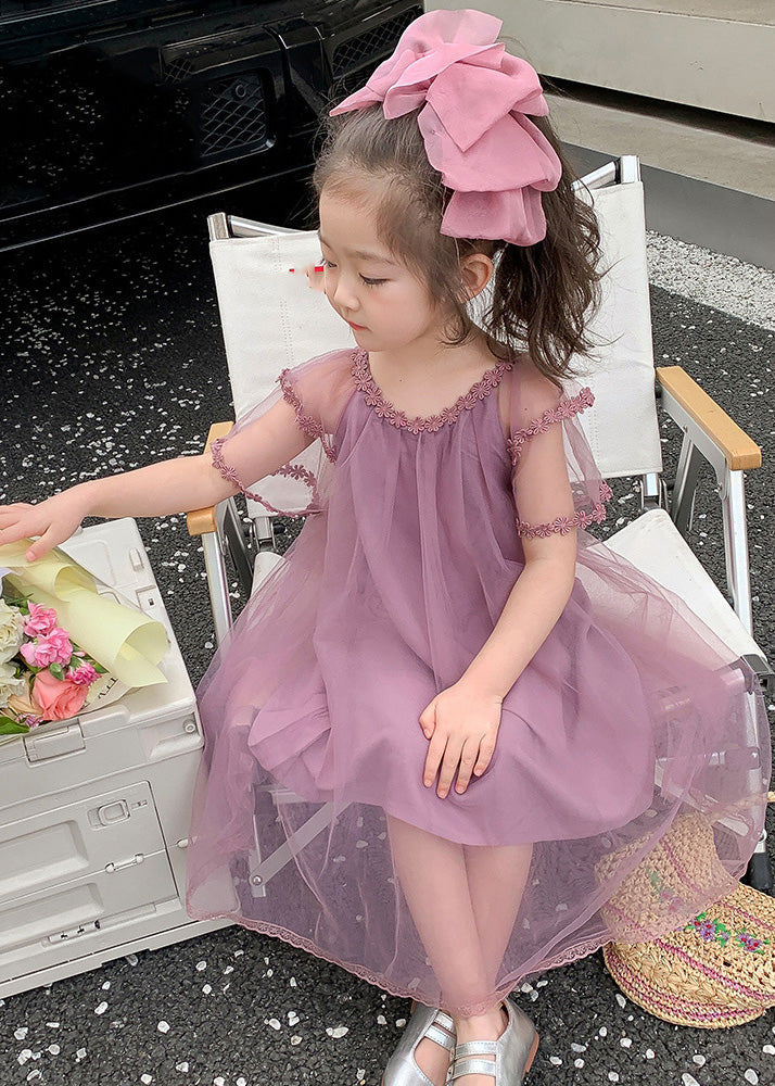 Boho Purple O-Neck Floral Patchwork Tulle Girls Maxi Dress Summer LY6443 - fabuloryshop