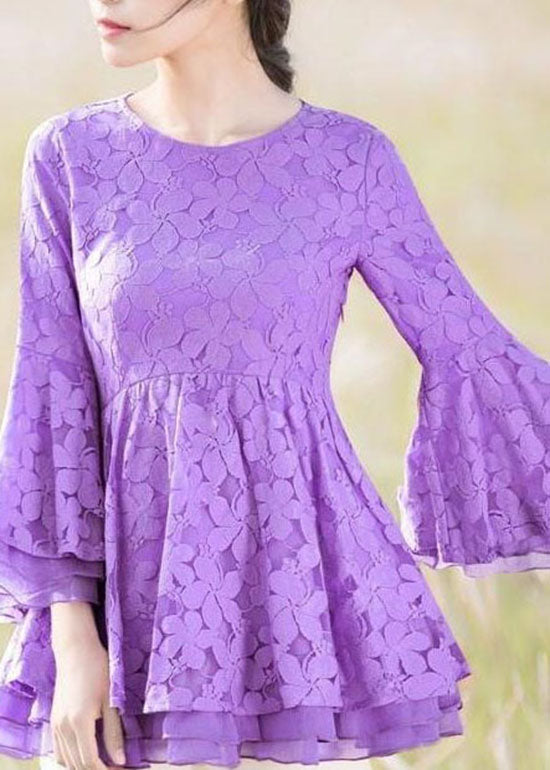 Boho Purple O Neck Lace Ruffled Top Bracelet Sleeve LY2227 - fabuloryshop