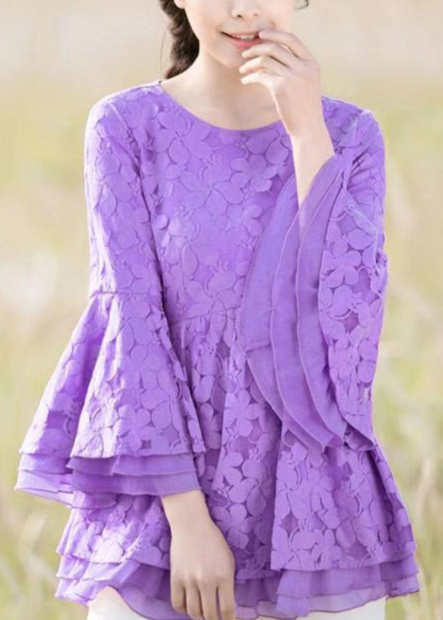 Boho Purple O Neck Lace Ruffled Top Bracelet Sleeve LY2227 - fabuloryshop