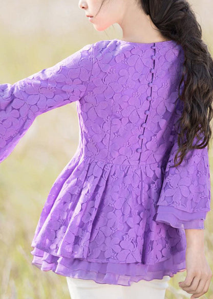 Boho Purple O Neck Lace Ruffled Top Bracelet Sleeve LY2227 - fabuloryshop