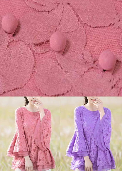 Boho Purple O Neck Lace Ruffled Top Bracelet Sleeve LY2227 - fabuloryshop