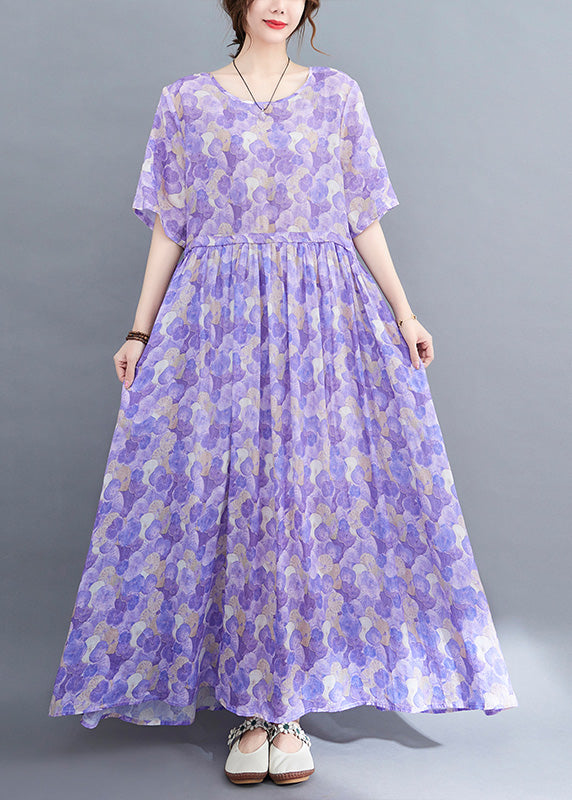 Boho Purple O-Neck Print Patchwork Cotton Long Dress Short Sleeve LY6105 - fabuloryshop