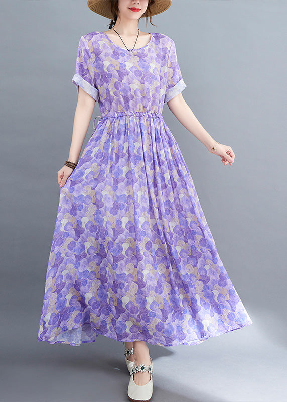 Boho Purple O-Neck Print Patchwork Cotton Long Dress Short Sleeve LY6105 - fabuloryshop