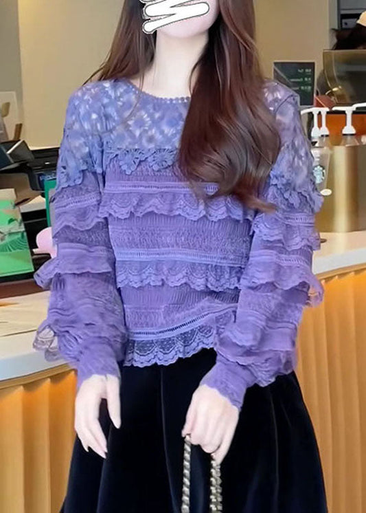 Boho Purple O-Neck Ruffled Patchwork Lace Tops Fall Ada Fashion
