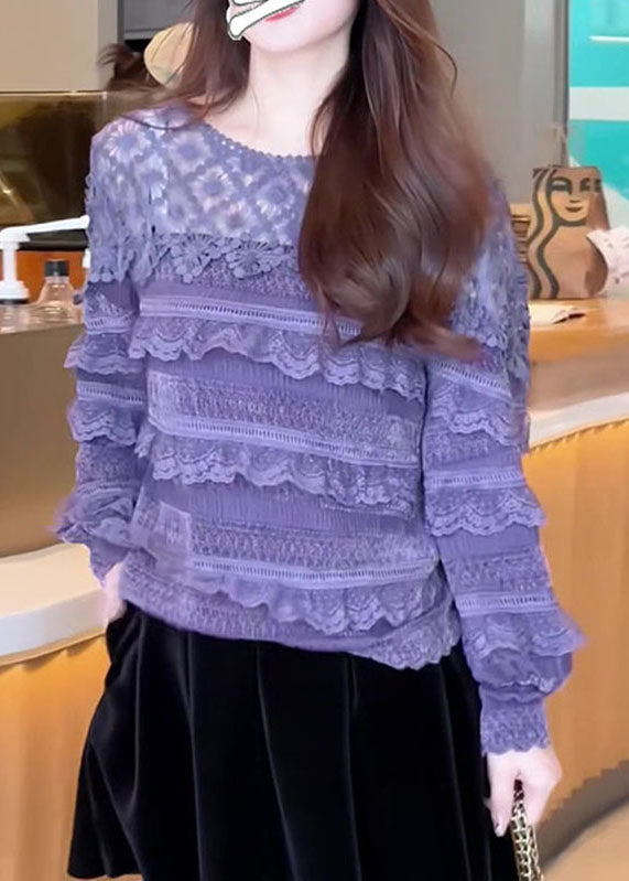 Boho Purple O-Neck Ruffled Patchwork Lace Tops Fall Ada Fashion