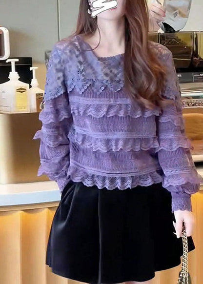 Boho Purple O-Neck Ruffled Patchwork Lace Tops Fall Ada Fashion