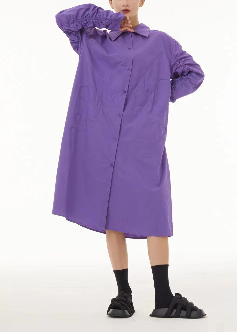 Boho Purple Peter Pan Collar Wrinkled Cotton Long Dress Spring TS1032 - fabuloryshop