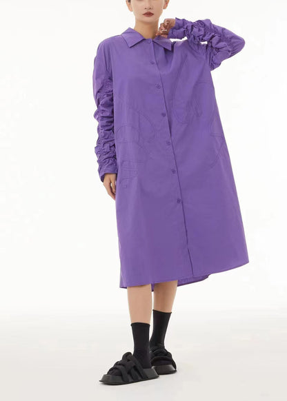 Boho Purple Peter Pan Collar Wrinkled Cotton Long Dress Spring TS1032 - fabuloryshop