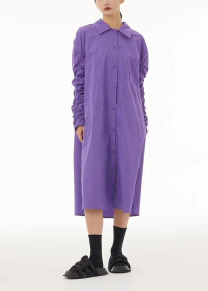 Boho Purple Peter Pan Collar Wrinkled Cotton Long Dress Spring TS1032 - fabuloryshop