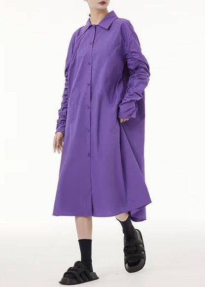 Boho Purple Peter Pan Collar Wrinkled Cotton Long Dress Spring TS1032 - fabuloryshop