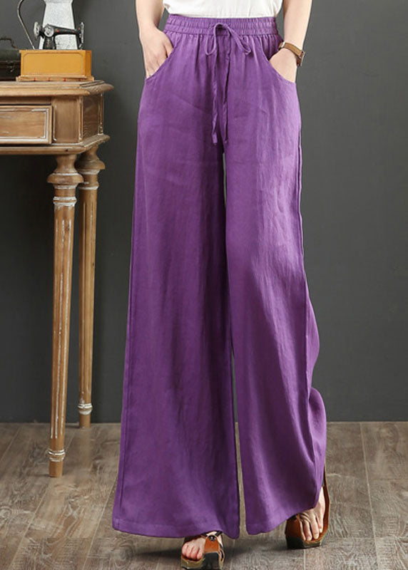 Boho Purple Pockets Elastic Waist Cotton Wide Leg Pants Summer LY5694 - fabuloryshop
