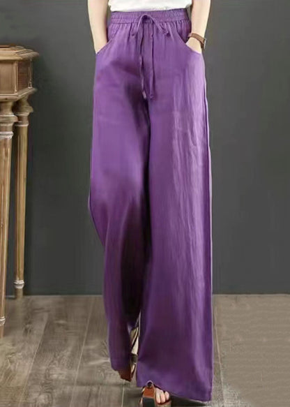 Boho Purple Pockets Elastic Waist Cotton Wide Leg Pants Summer LY5694 - fabuloryshop