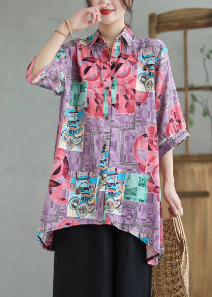 Boho Purple Print Low High Design Linen Long Shirts Summer Ada Fashion