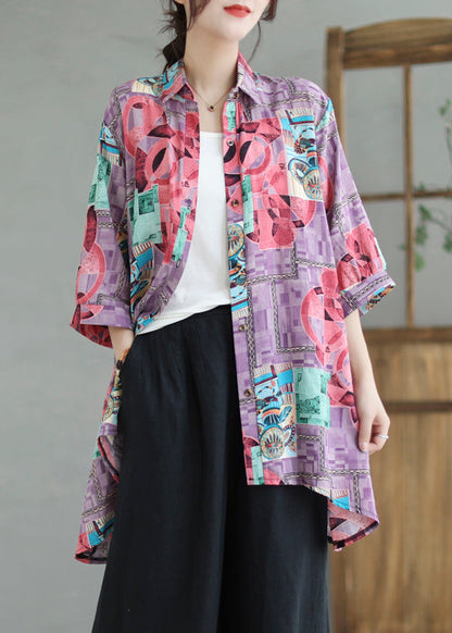 Boho Purple Print Low High Design Linen Long Shirts Summer Ada Fashion