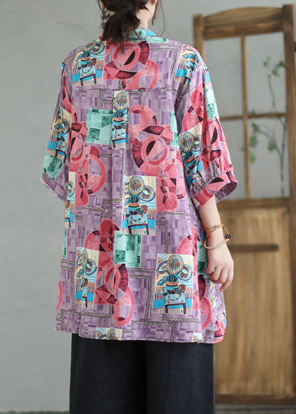 Boho Purple Print Low High Design Linen Long Shirts Summer Ada Fashion