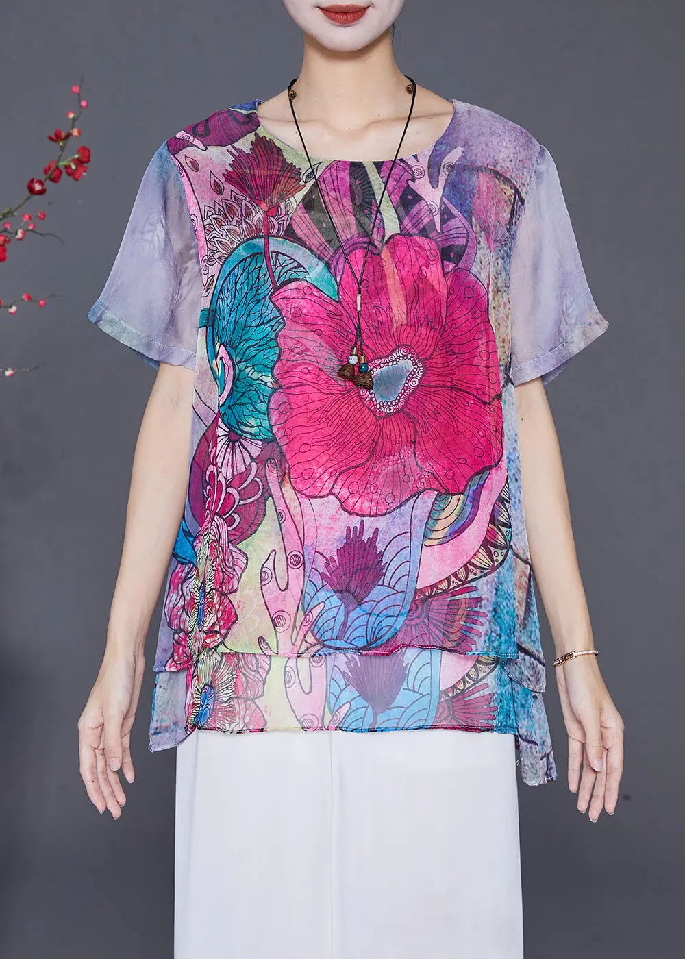 Boho Purple Print Patchwork Chiffon Top Summer Ada Fashion