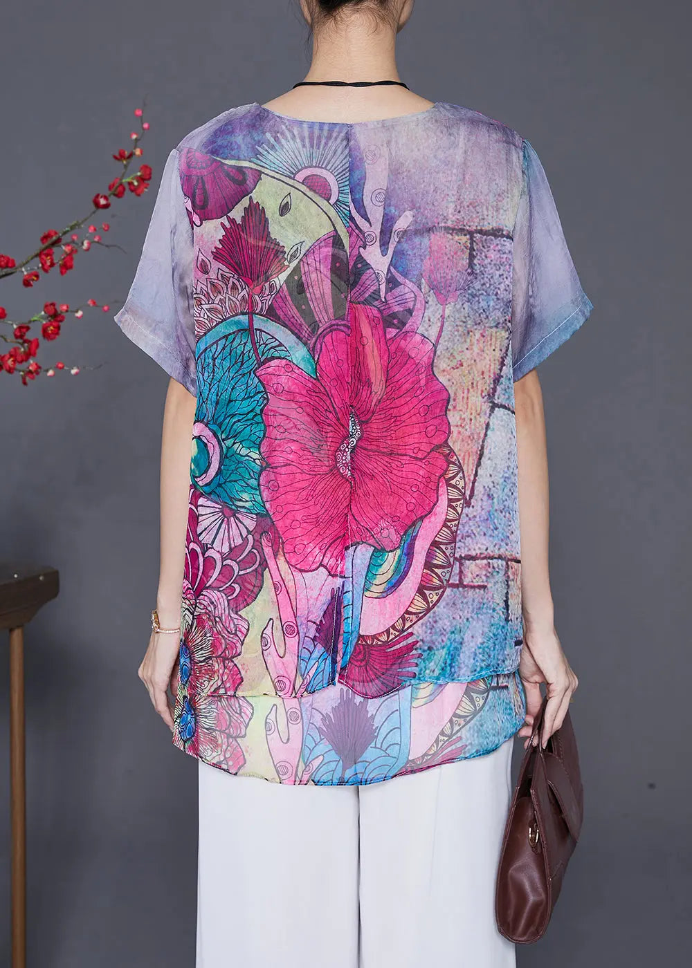 Boho Purple Print Patchwork Chiffon Top Summer Ada Fashion