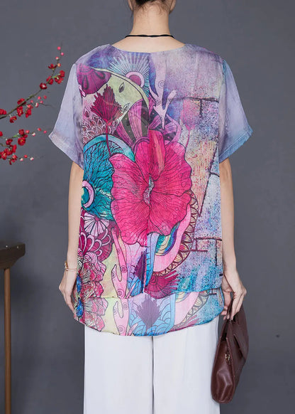 Boho Purple Print Patchwork Chiffon Top Summer Ada Fashion