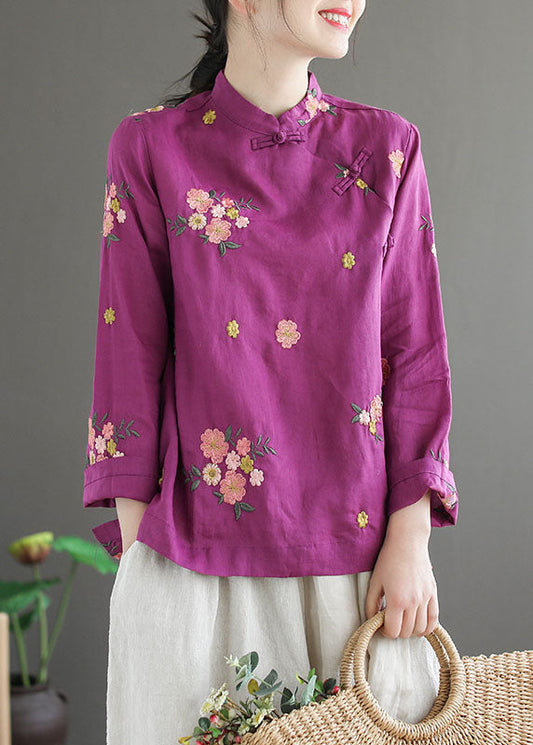 Boho Purple Stand Collar Embroideried Patchwork Cotton Top Spring LY6210 - fabuloryshop