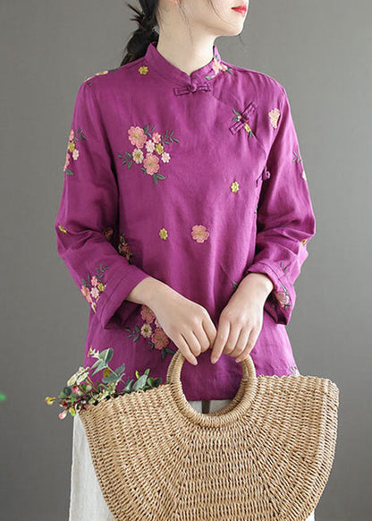 Boho Purple Stand Collar Embroideried Patchwork Cotton Top Spring LY6210 - fabuloryshop