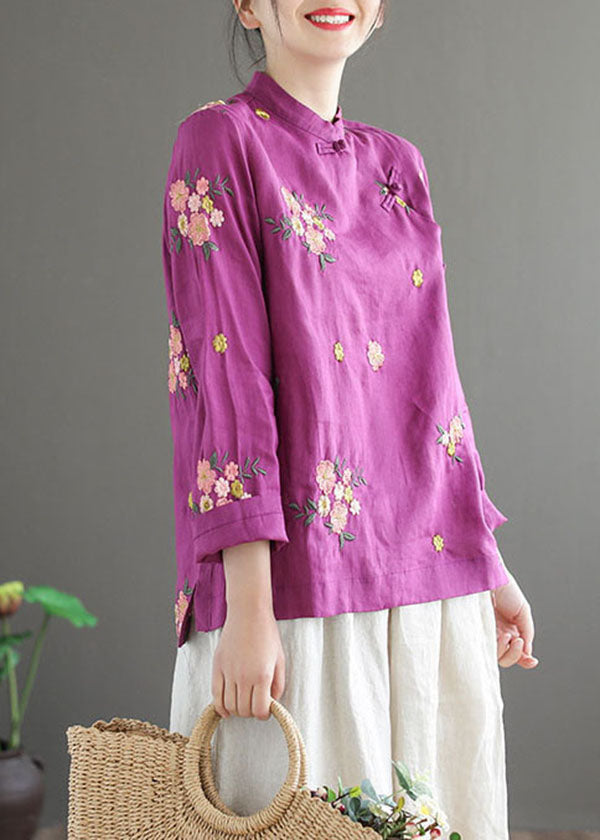 Boho Purple Stand Collar Embroideried Patchwork Cotton Top Spring LY6210 - fabuloryshop