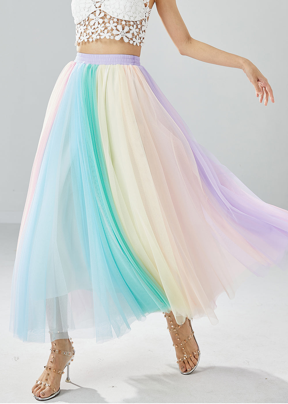 Boho Rainbow Elastic Waist Exra Large Hem Tulle Pleated Skirts Summer LY6079 - fabuloryshop
