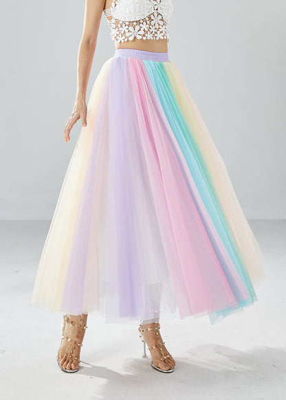 Boho Rainbow Elastic Waist Exra Large Hem Tulle Pleated Skirts Summer LY6079 - fabuloryshop