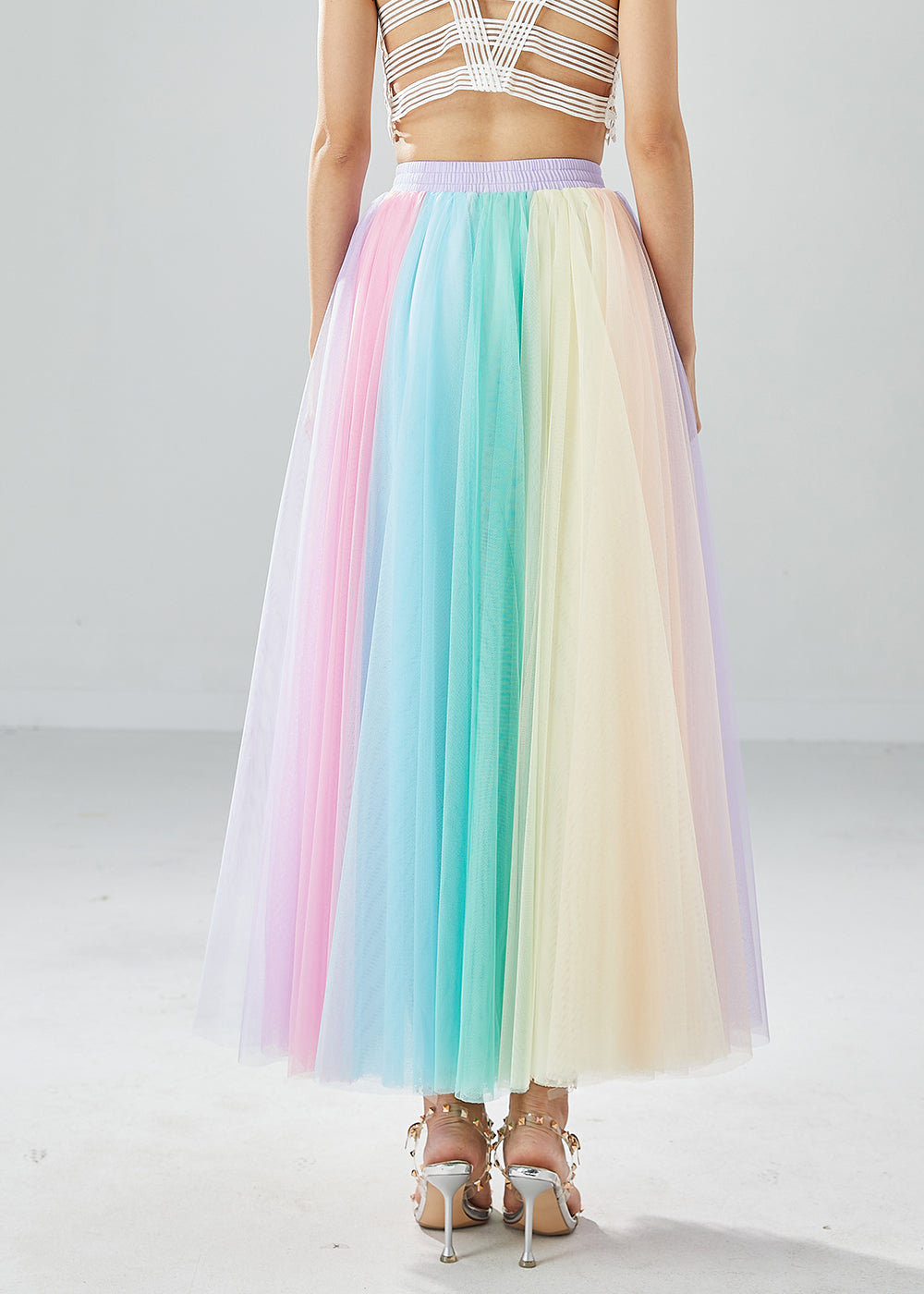 Boho Rainbow Elastic Waist Exra Large Hem Tulle Pleated Skirts Summer LY6079 - fabuloryshop