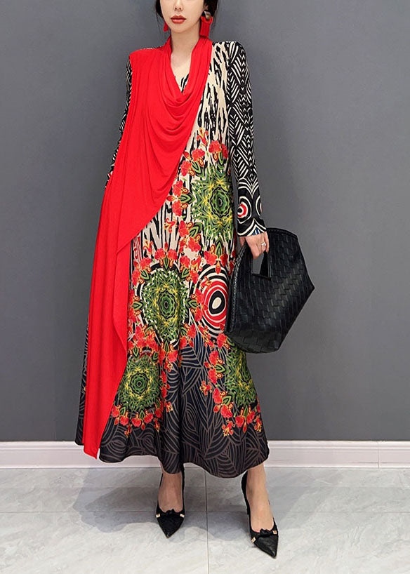 Boho Red Asymmetrical Patchwork Print Maxi Dress Spring LY0576