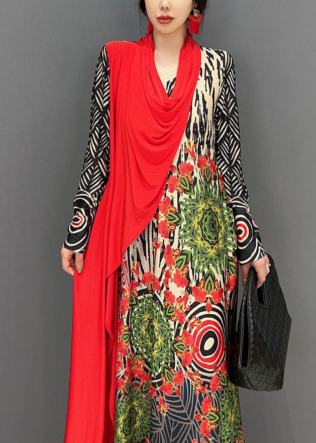 Boho Red Asymmetrical Patchwork Print Maxi Dress Spring LY0576