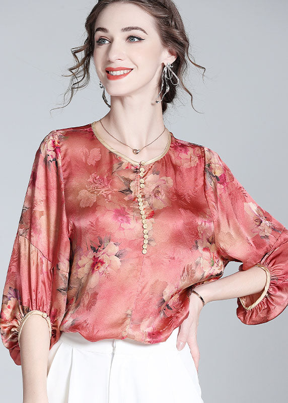 Boho Red O Neck Floral Print Silk Blouse Top Bracelet Sleeve LY0989 - fabuloryshop