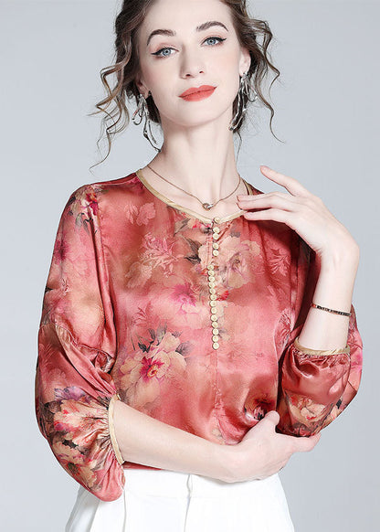 Boho Red O Neck Floral Print Silk Blouse Top Bracelet Sleeve LY0989 - fabuloryshop