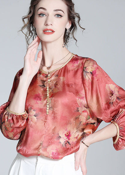 Boho Red O Neck Floral Print Silk Blouse Top Bracelet Sleeve LY0989 - fabuloryshop