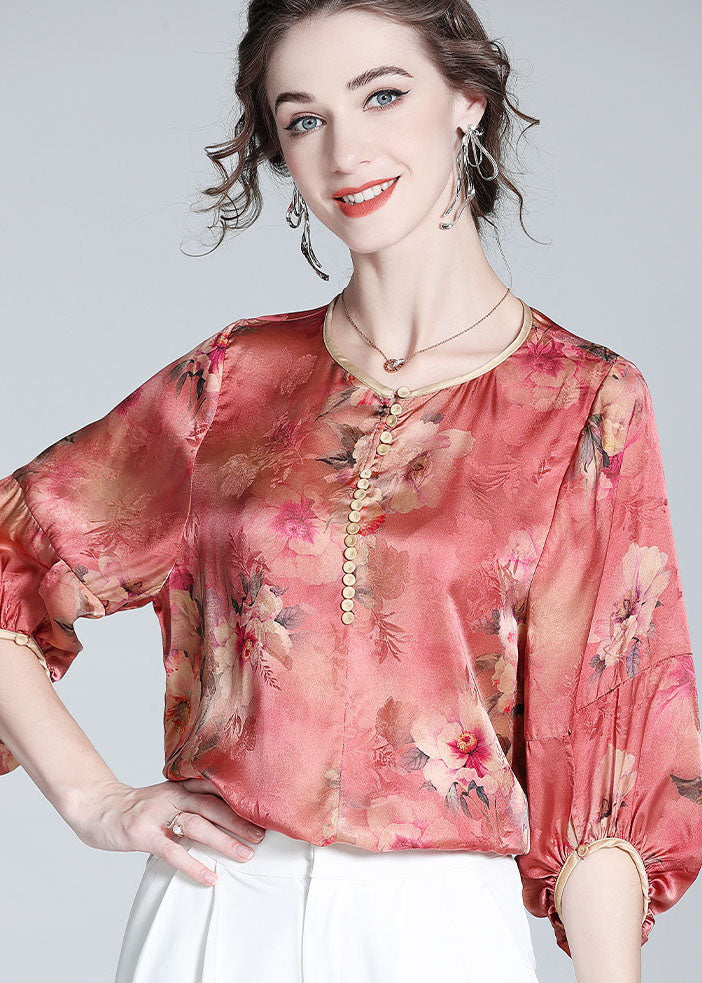 Boho Red O Neck Floral Print Silk Blouse Top Bracelet Sleeve LY0989 - fabuloryshop