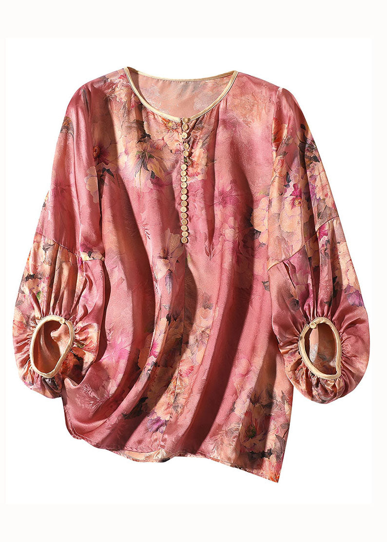 Boho Red O Neck Floral Print Silk Blouse Top Bracelet Sleeve LY0989 - fabuloryshop