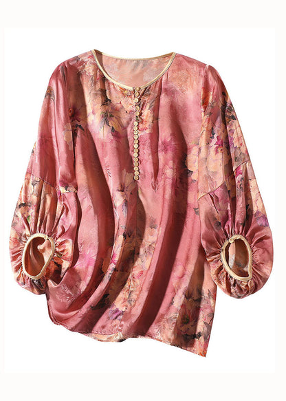 Boho Red O Neck Floral Print Silk Blouse Top Bracelet Sleeve LY0989 - fabuloryshop