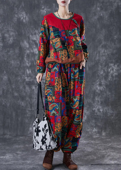 Boho Red Print Patchwork Cotton Women Two-Piece Set Fall Ada Fashion