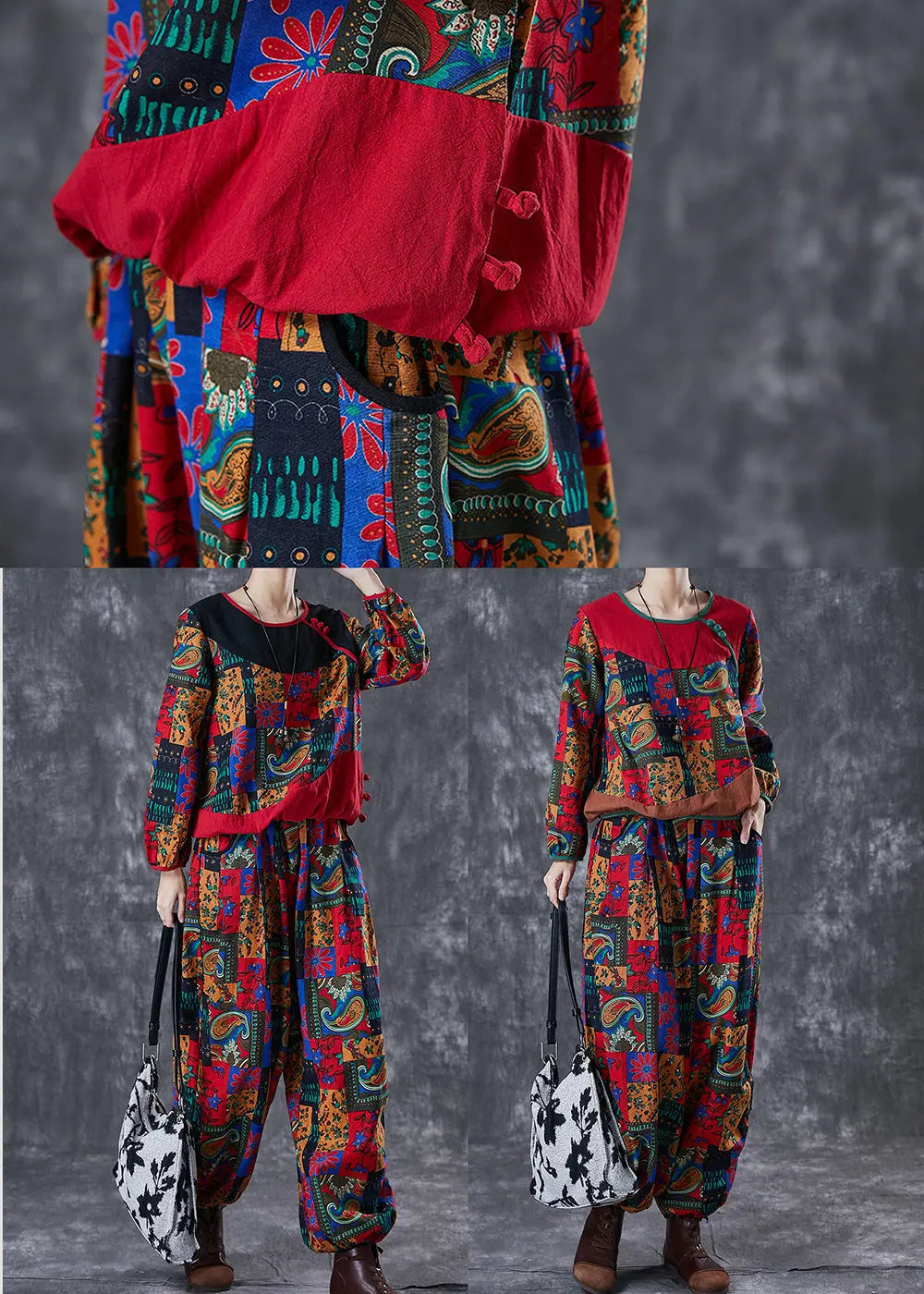 Boho Red Print Patchwork Cotton Women Two-Piece Set Fall Ada Fashion